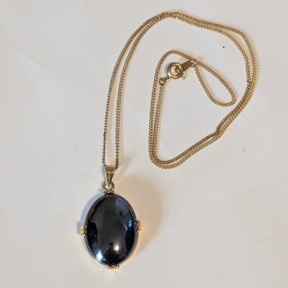 NWT Hematite Gold Tone Pendant Necklace Oval Faceted Gemstone New in Box - Picture 5 of 9